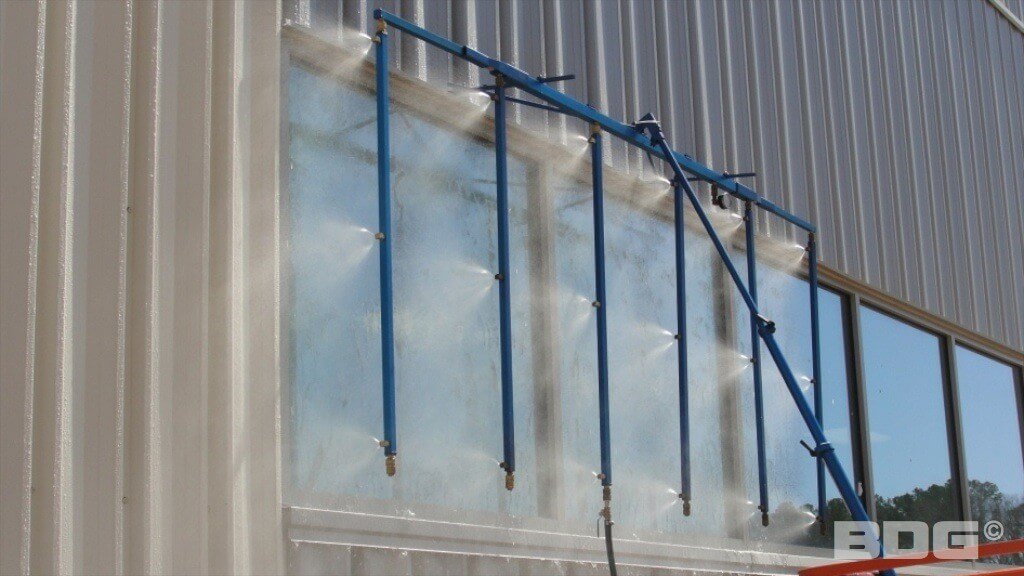 ASTM E 331 - Standard Test Method for Water Penetration of Exterior Windows, Skylights, Doors, and Curtain Walls by Uniform Static Air Pressure Difference is a testing standard that describes the procedures to determine the water penetration resistance of windows, curtain walls, skylights, and doors when water is applied using a calibrated spray apparatus while simultaneously applying uniform static pressure to opposite sides of the test specimen. Image from Building Diagnostics Group, Inc.